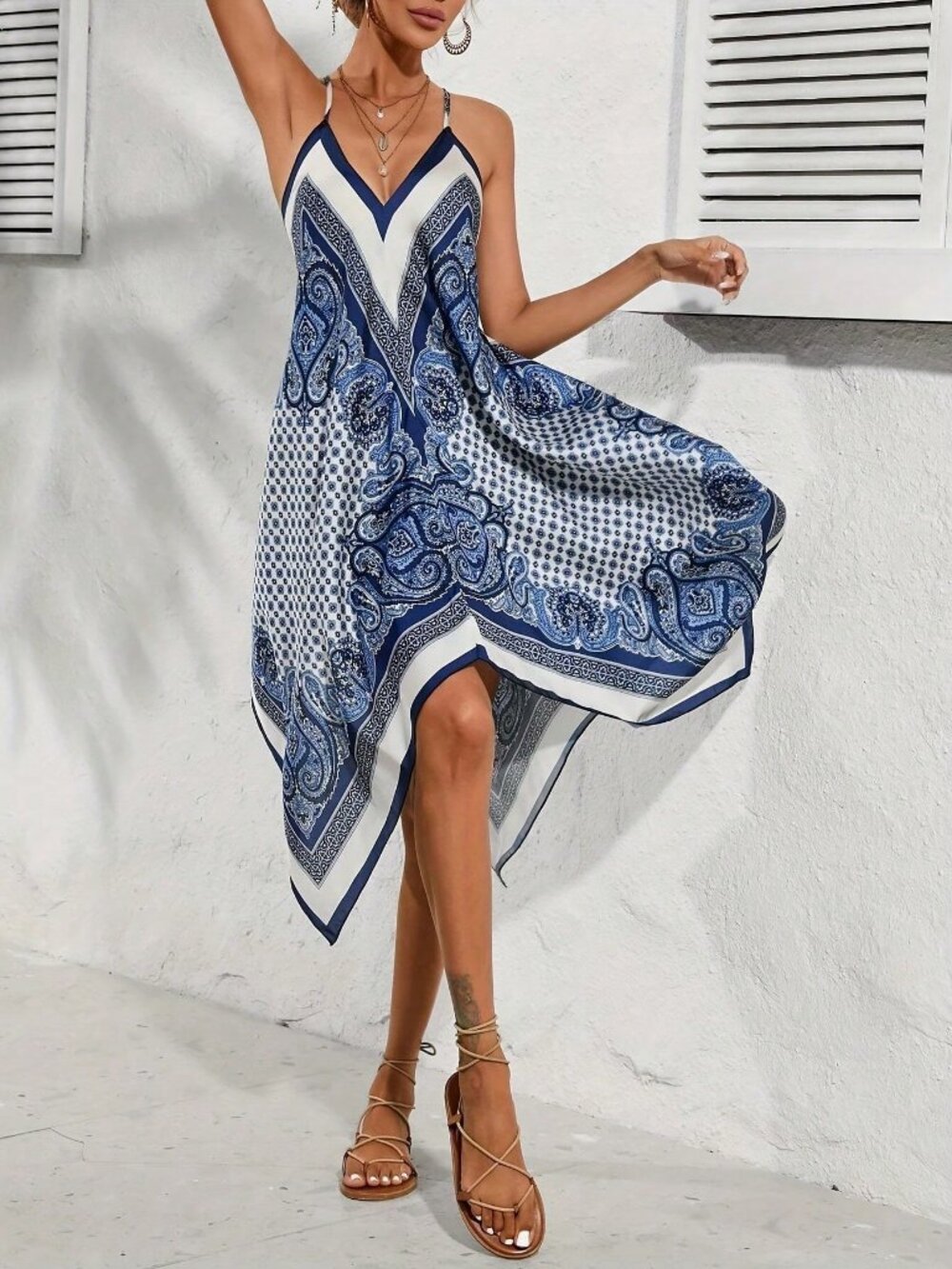 Boho Women's Paisley Print Handkerchief bandana Hem Slip Dress - Picture 4 of 7